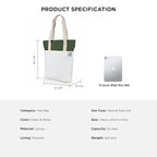 Product specification image for The Skylin tote bag in offwhite and army green, showcasing dimensions and details.