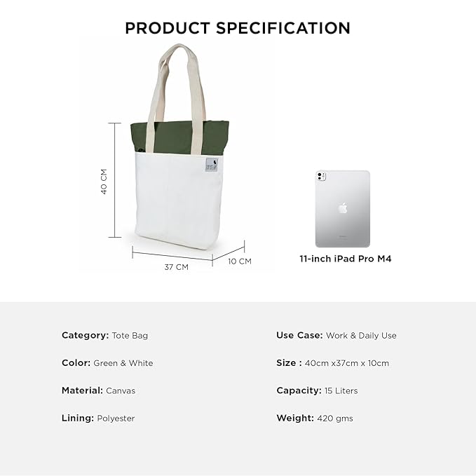 Product specification image for The Skylin tote bag in offwhite and army green, showcasing dimensions and details.