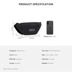 Black waist pouch specifications next to an iPhone 16 for size comparison.