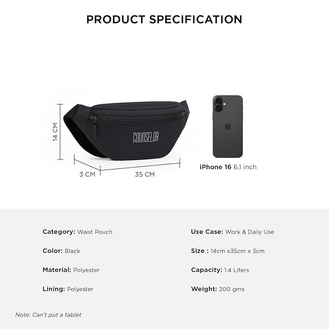 Black waist pouch specifications next to an iPhone 16 for size comparison.