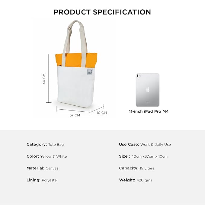 Product specification for The Skylin tote bag in off-white and yellow, showcasing size, material, and features.
