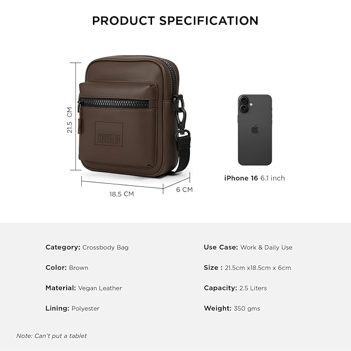 Brown vegan leather crossbody bag with product specifications and dimensions next to an iPhone.