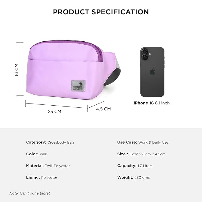 Product specifications for The Avelin pink crossbody bag, including dimensions and materials.