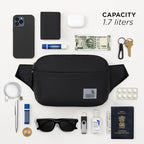 The Avelin black waistpack with essentials like phone, wallet, keys, and sunglasses, showcasing compact storage and versatility.