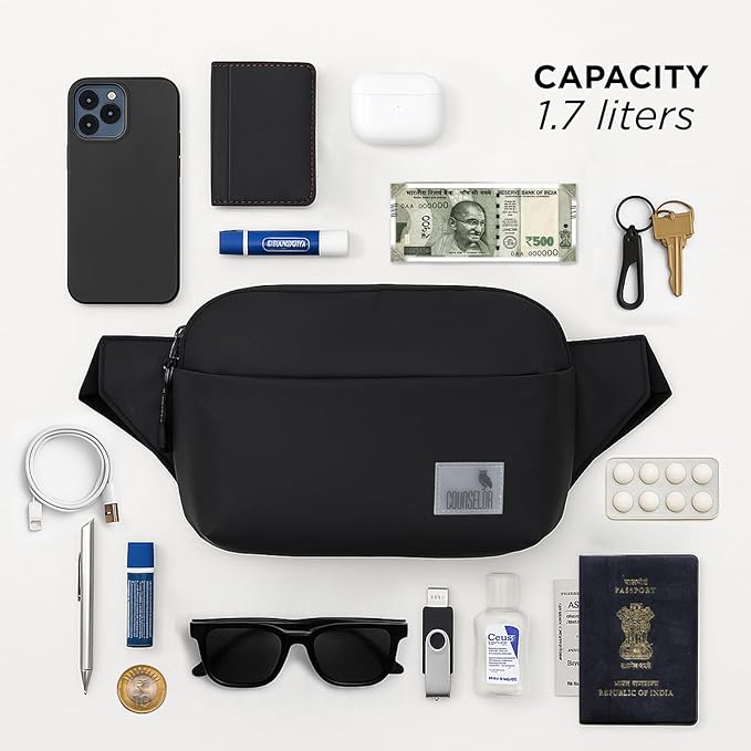 The Avelin black waistpack with essentials like phone, wallet, keys, and sunglasses, showcasing compact storage and versatility.