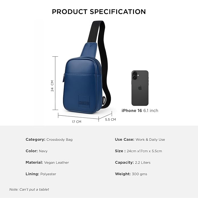 Kiro Crossbody Bag specifications: navy vegan leather, 2.2L capacity, adjustable strap, dimensions 24x17x5.5 cm.