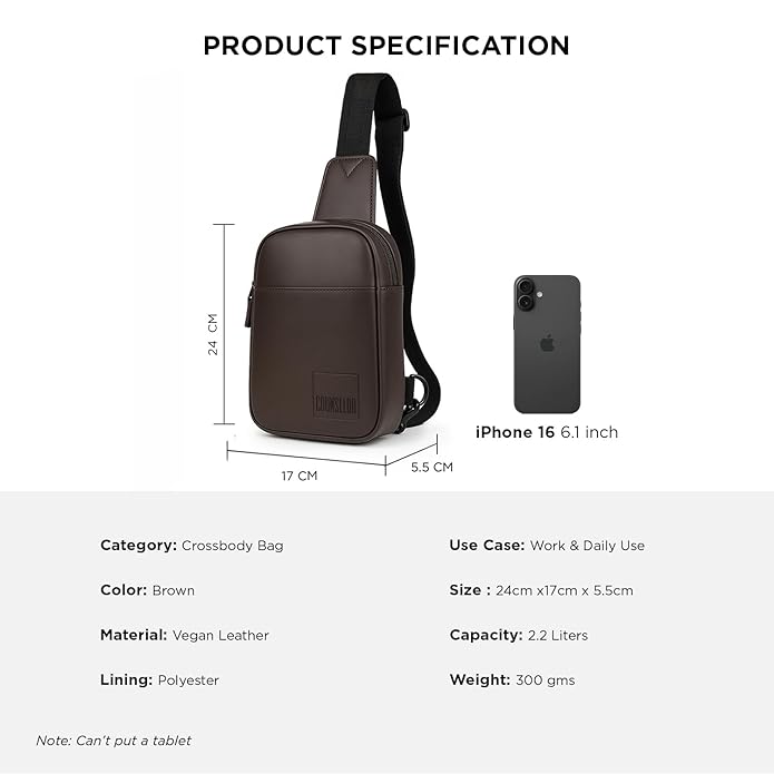 Brown Kiro Crossbody Bag specifications with dimensions, phone size comparison, and information on material and capacity.