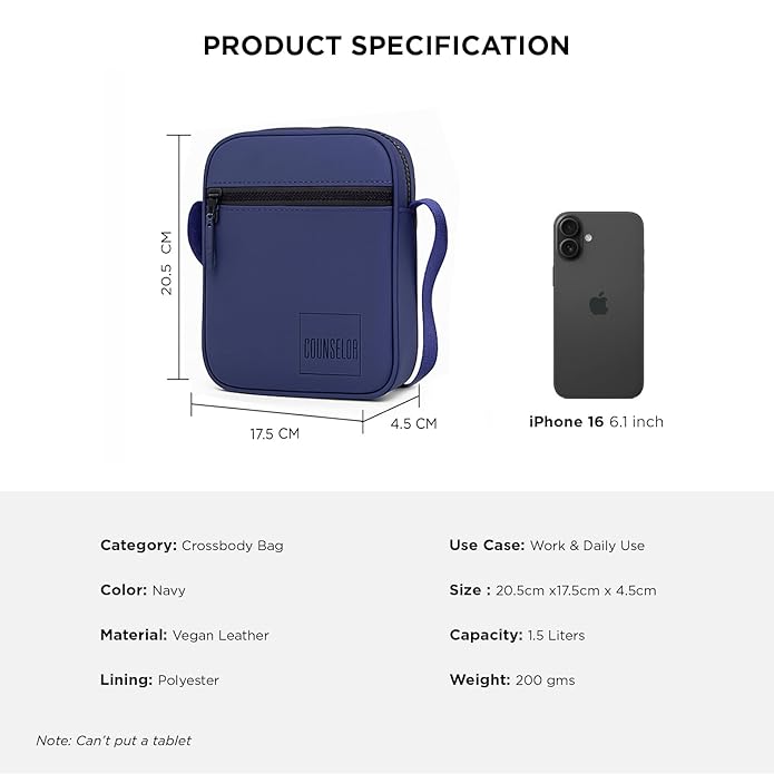 Navy crossbody bag made of vegan leather, featuring product specs and dimensions alongside an iPhone for scale.