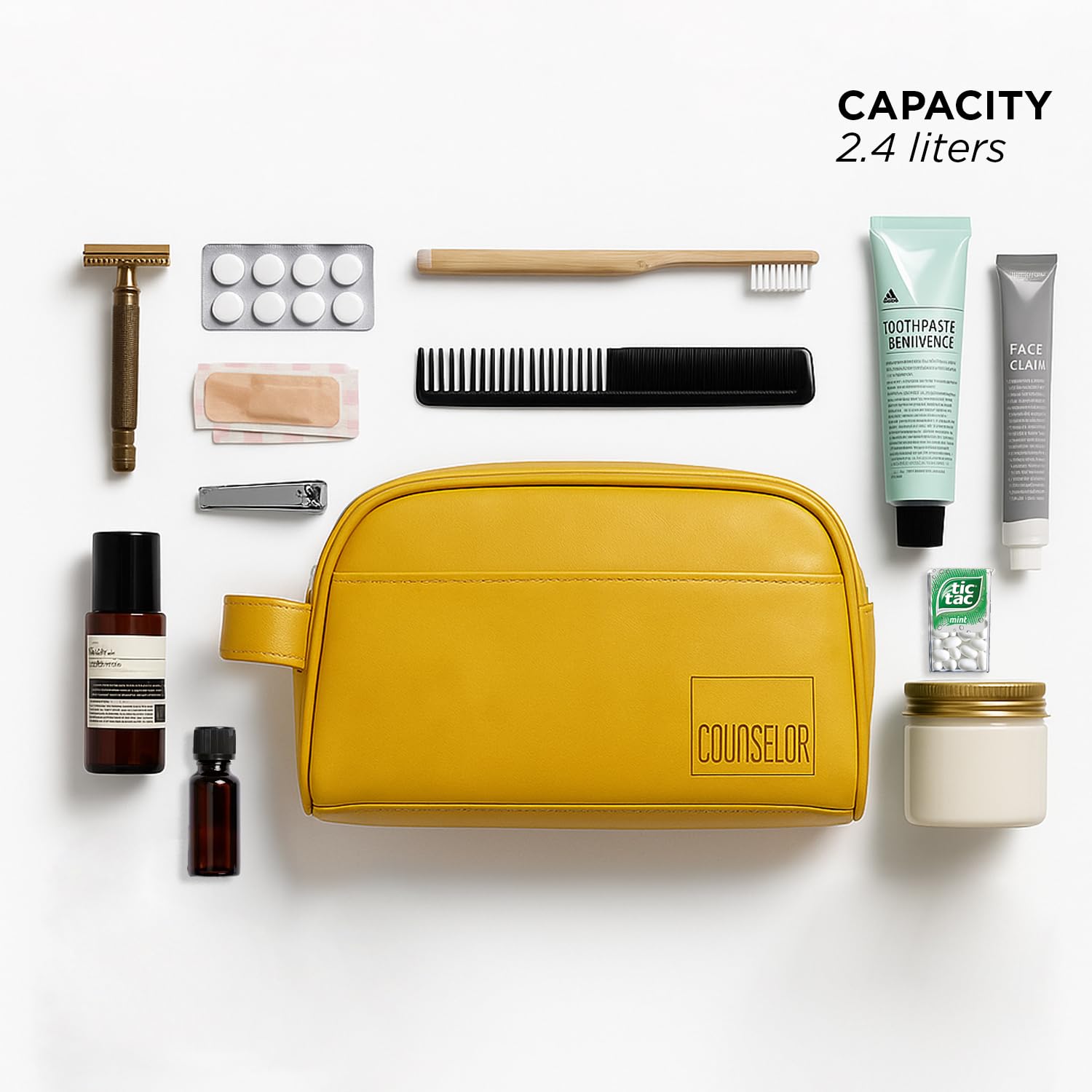 Chic mustard toiletry kit with 2.4-liter capacity, surrounded by grooming essentials for travel or daily use.