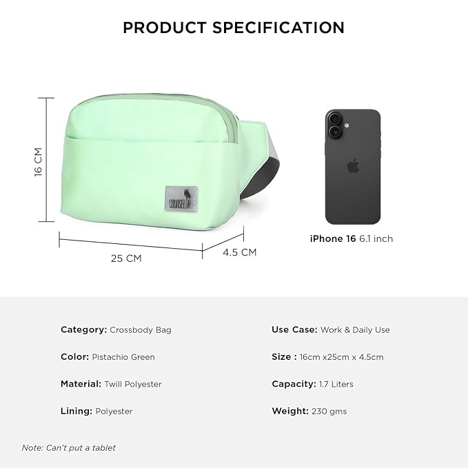 Product specifications for The Avelin waistpack in pistachio green, featuring compact design and smart storage.