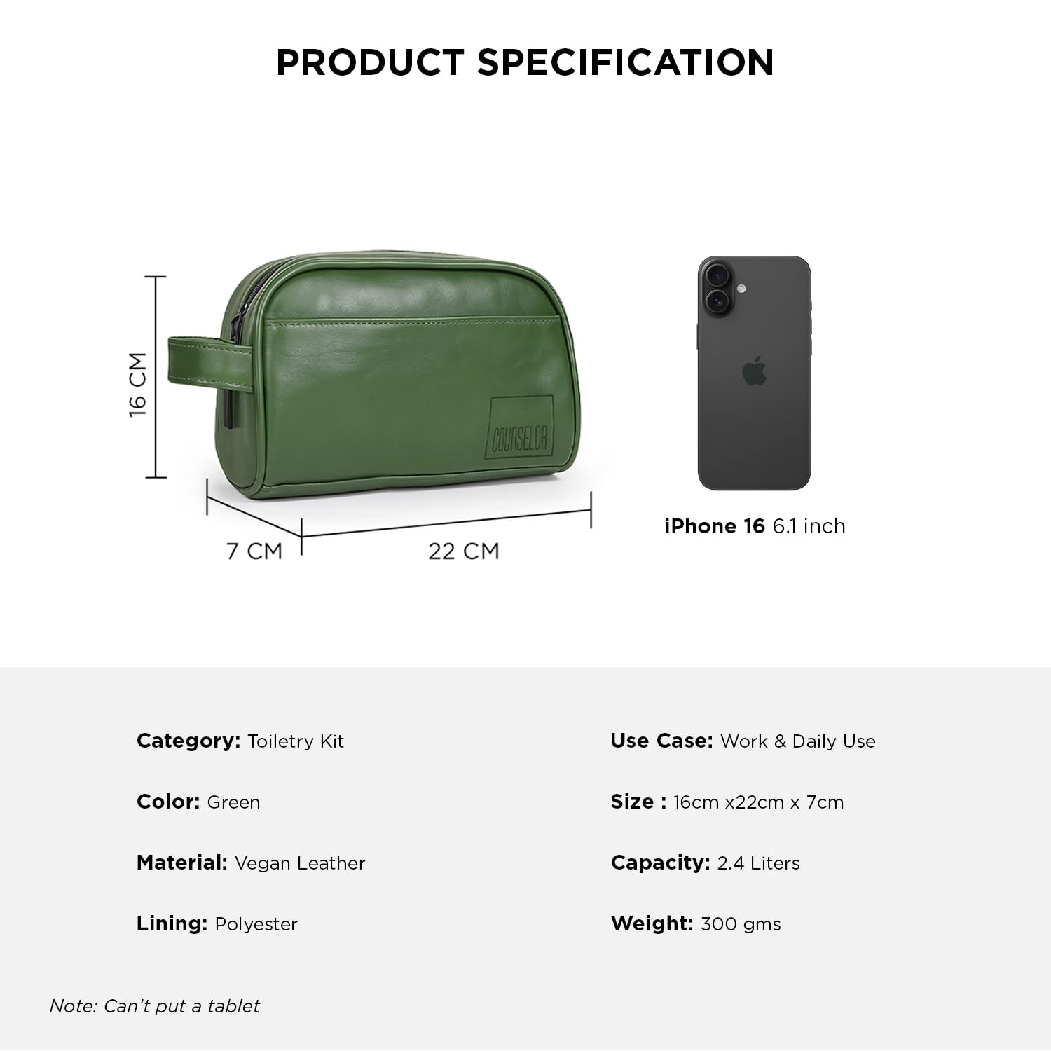 Green vegan leather toiletry kit specifications beside an iPhone 16 for size comparison.