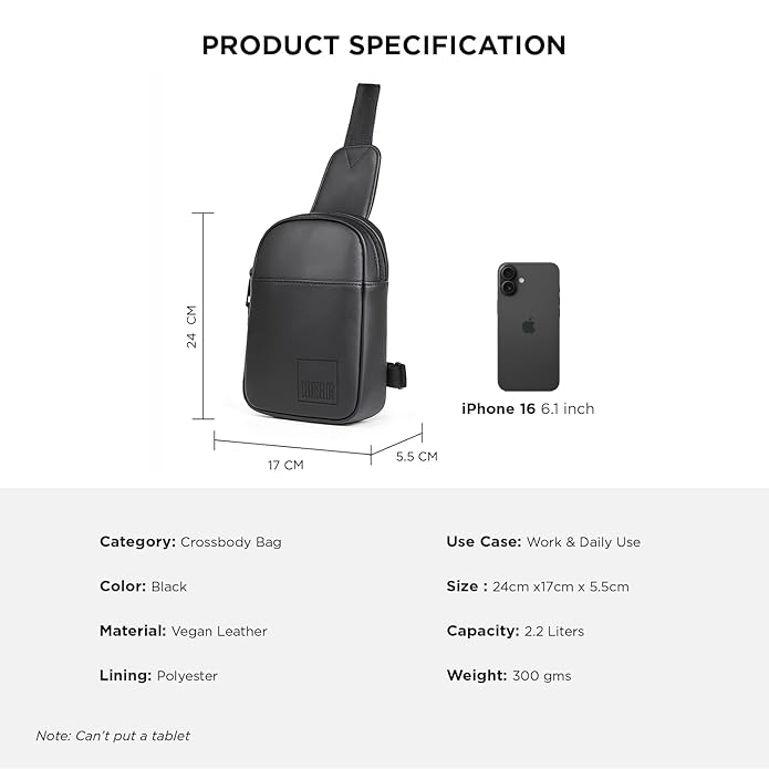 Product specifications for the Kiro Black Crossbody Bag showing dimensions, color, and material.