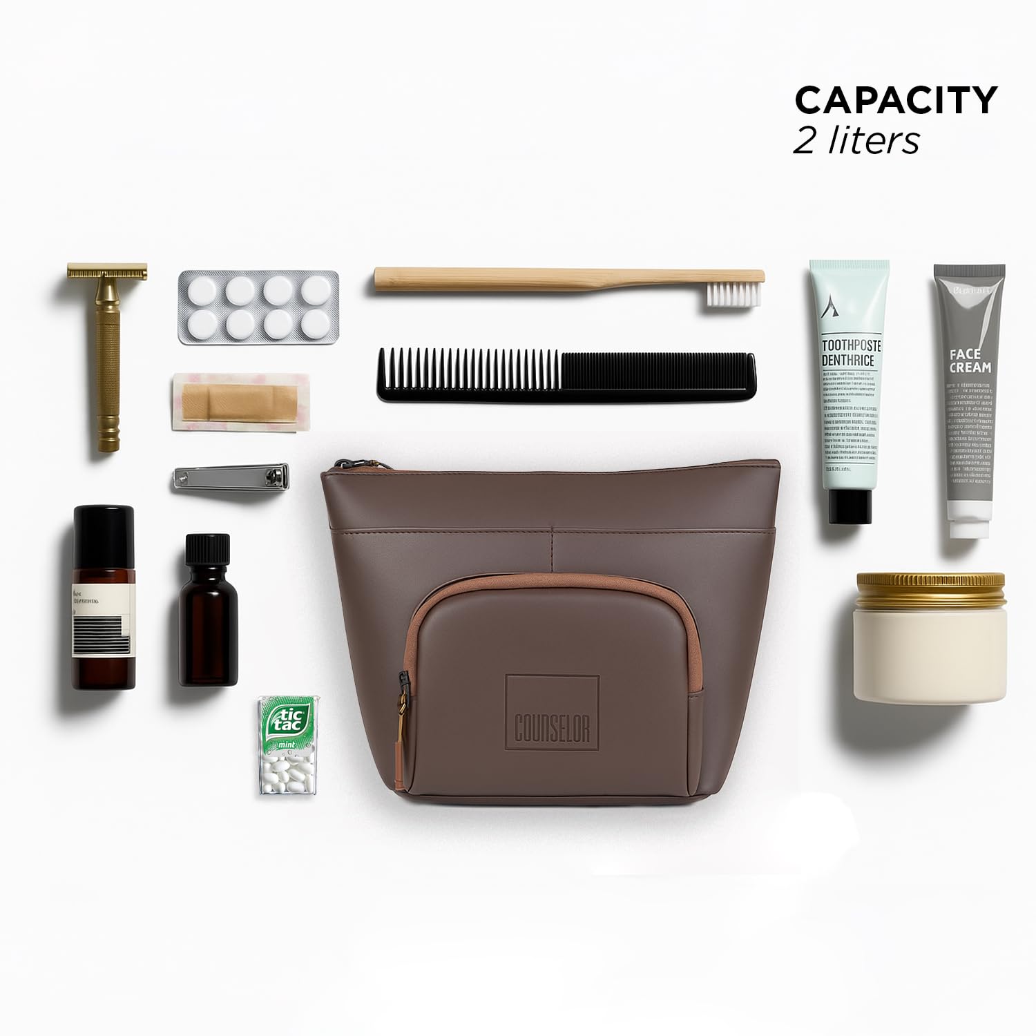 The Eiko brown pouch with essential items, showcasing minimalist design and compact storage, ideal for travel and organization.
