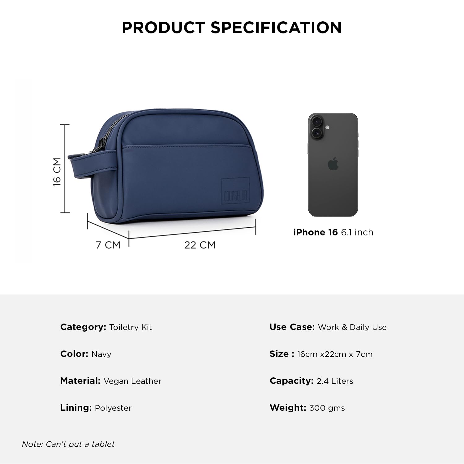 Navy toiletry kit specifications beside an iPhone 16, showcasing its size and design features.