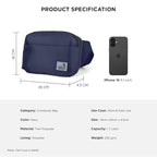 Avelin navy crossbody bag next to an iPhone 16 for size reference, showcasing compact design and specifications.