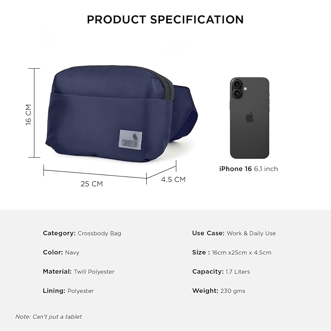 Avelin navy crossbody bag next to an iPhone 16 for size reference, showcasing compact design and specifications.