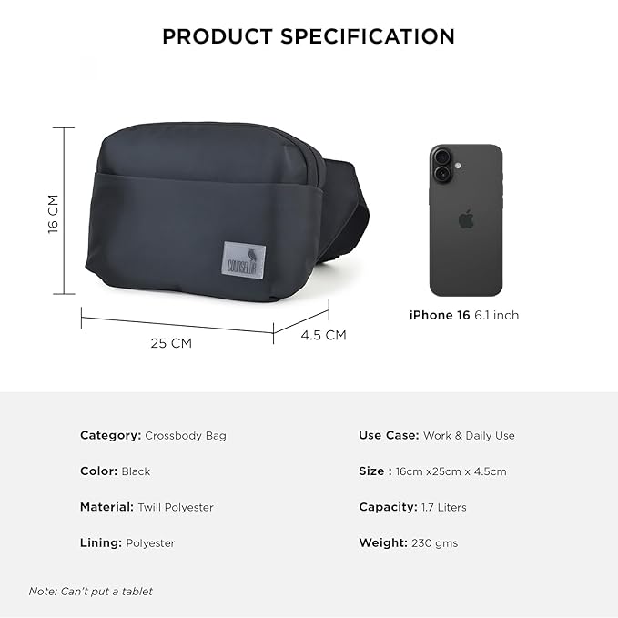 Black crossbody bag specifications with dimensions next to an iPhone 16 for scale, showcasing minimalist design and practical use.