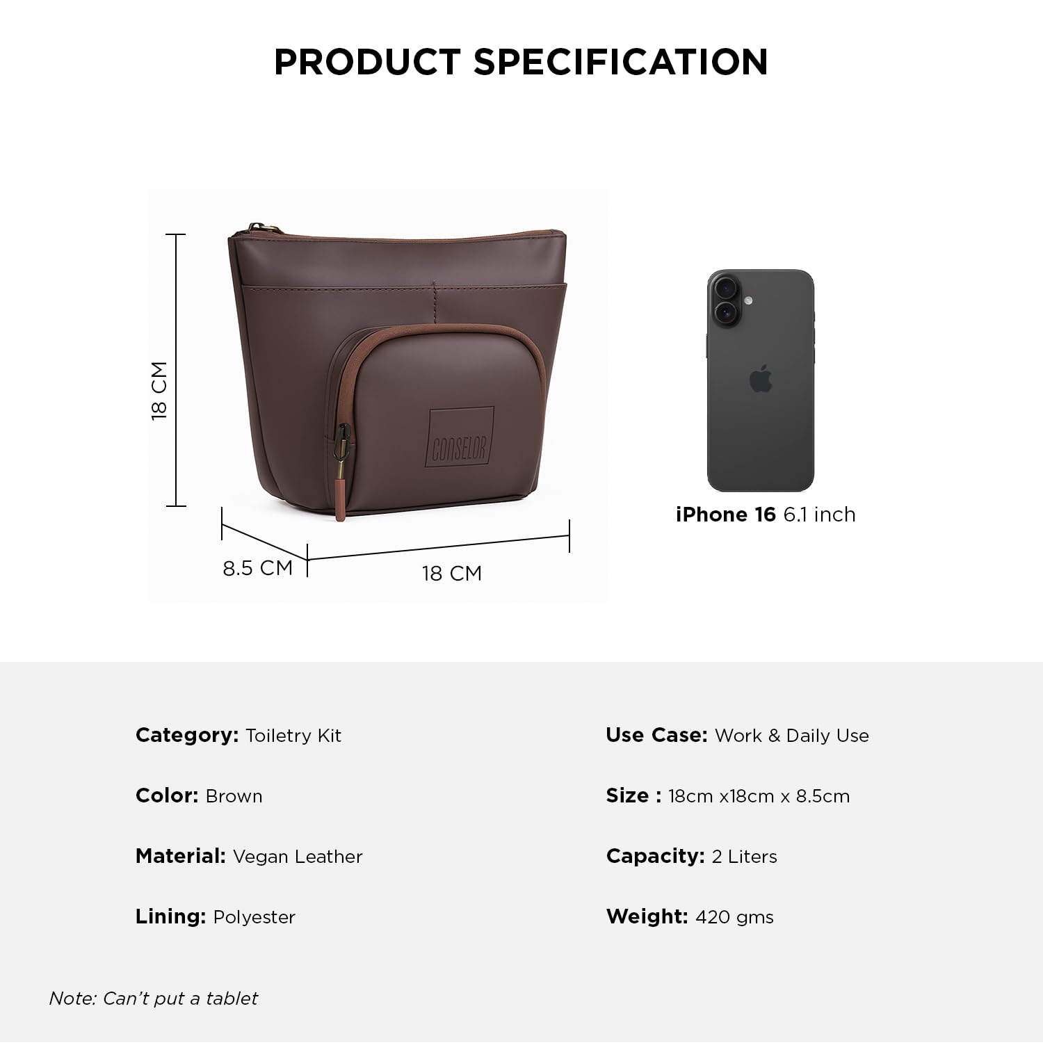 Brown vegan leather toiletry kit dimensions with iPhone for size reference, compact and stylish for daily use.