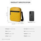 Product specifications for THE BLOC - MUSTARD crossbody bag, featuring dimensions, color, material, and iPhone size comparison.