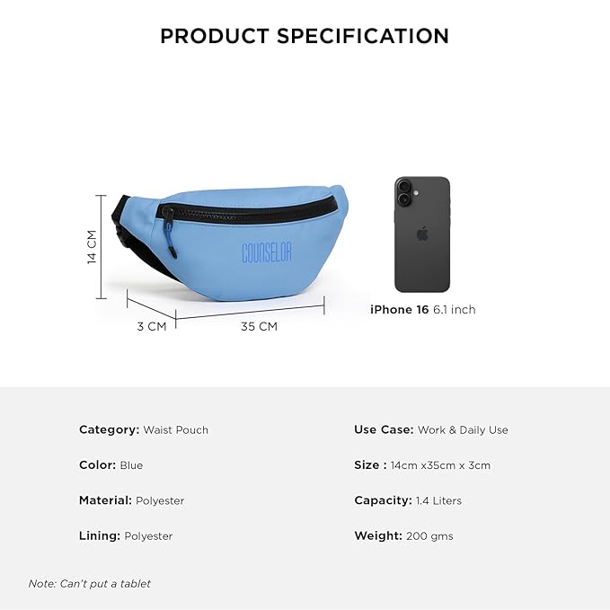 Product specification image of the Sky Blue Nexo waist pouch next to an iPhone, highlighting size and features.