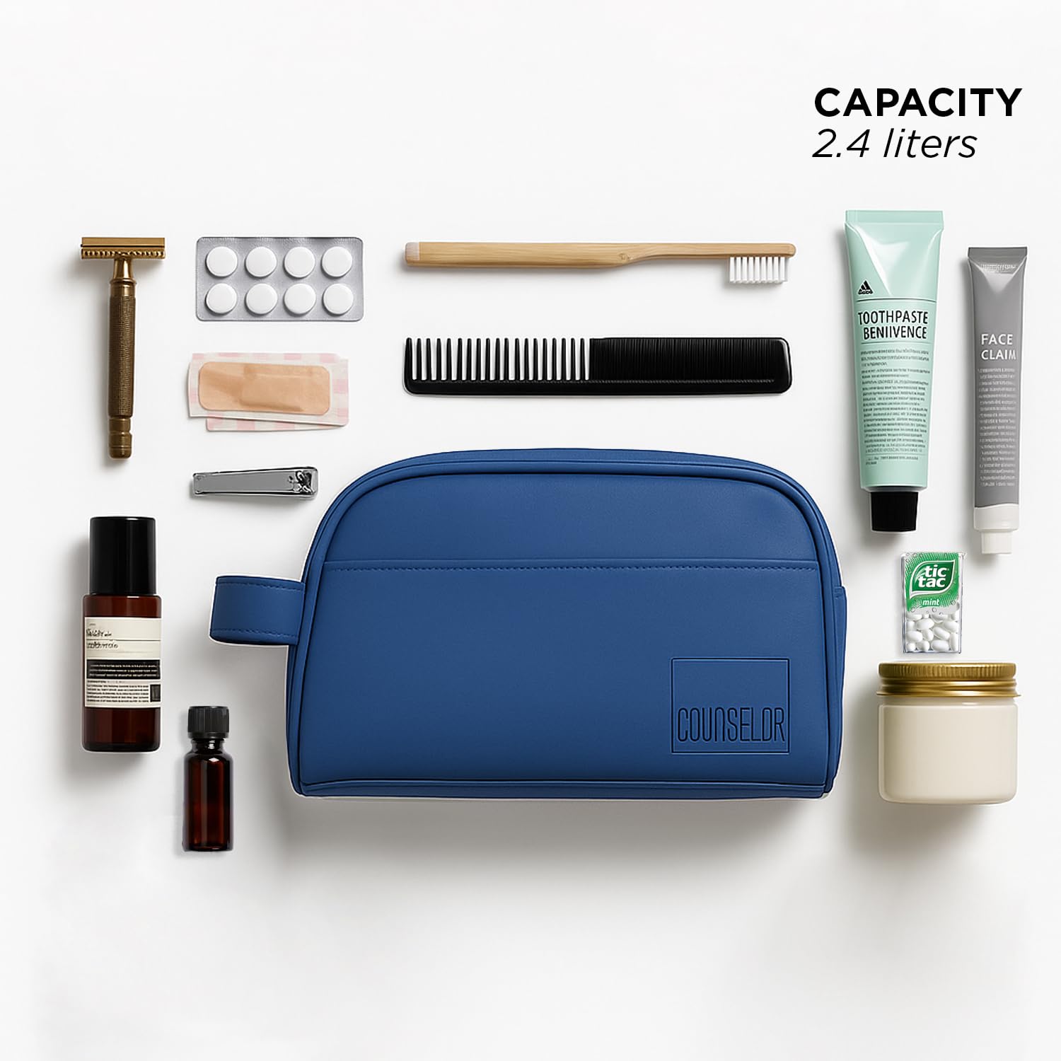 The Swift Navy toiletry kit with travel essentials, showcasing its 2.4-liter capacity and chic, eco-friendly design.