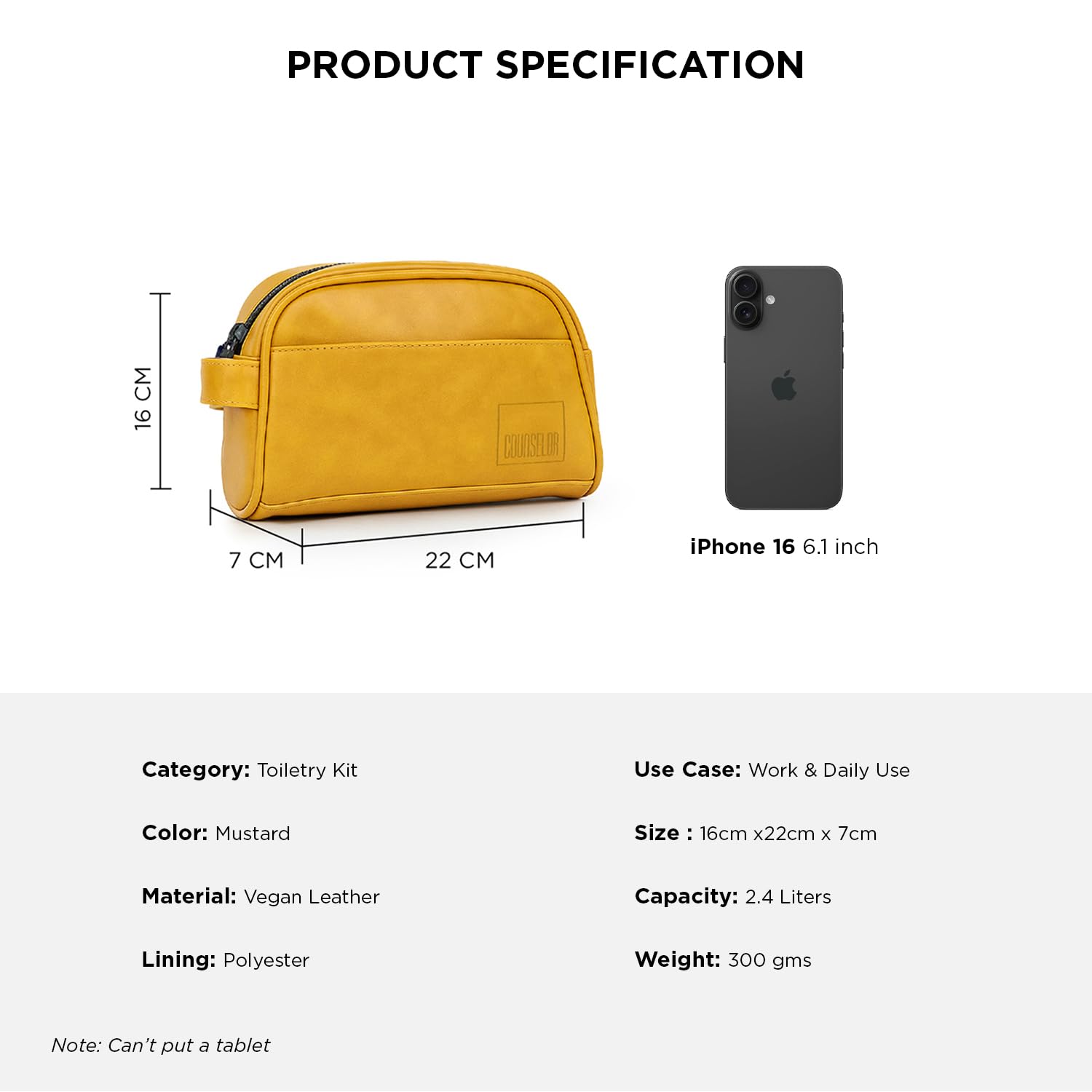 Mustard toiletry kit dimensions alongside an iPhone 16 for size reference, made of vegan leather with a polyester lining.