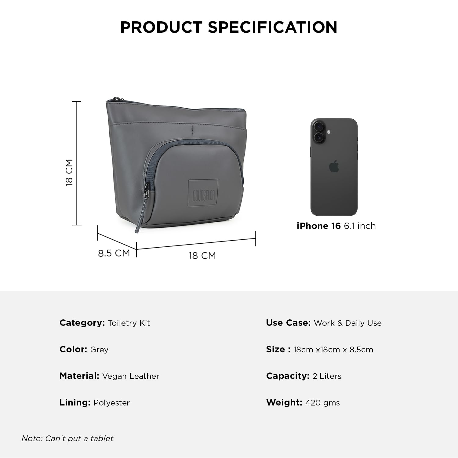 Grey toiletry kit specifications with dimensions and iPhone for size reference. Made from vegan leather, ideal for work or travel.