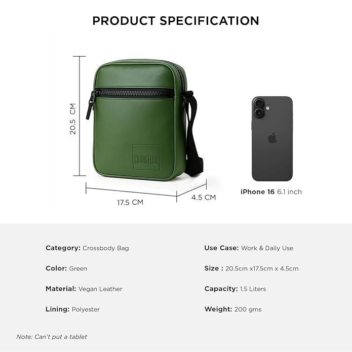 Product specifications for THE BLOC green crossbody bag featuring vegan leather, adjustable strap, and iPhone size reference.