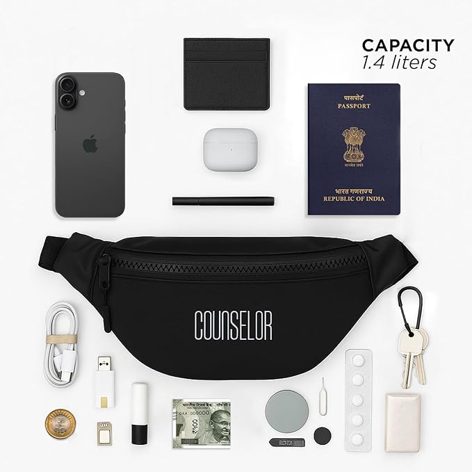 Black fanny pack with various everyday items, showcasing 1.4 liters capacity for essentials like phone, wallet, and passport.