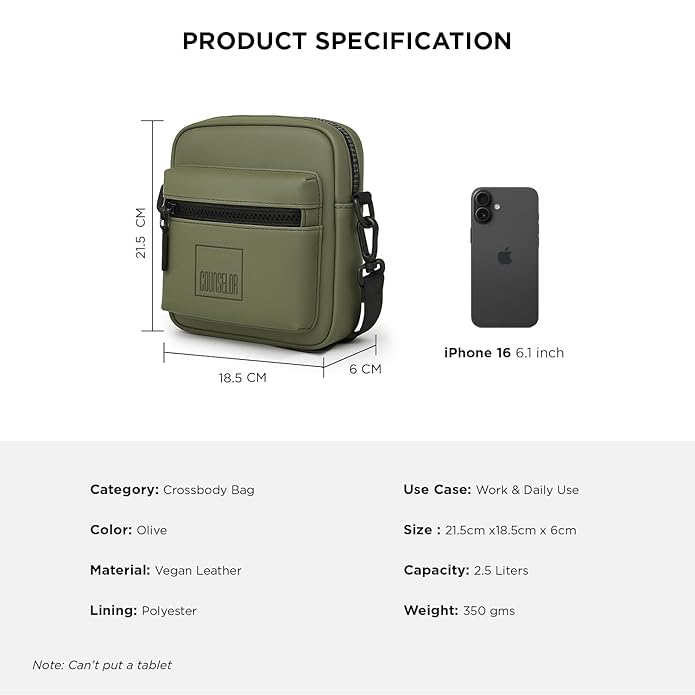 Noma Olive crossbody bag specifications with dimensions, vegan leather material, and comparison with iPhone 16.
