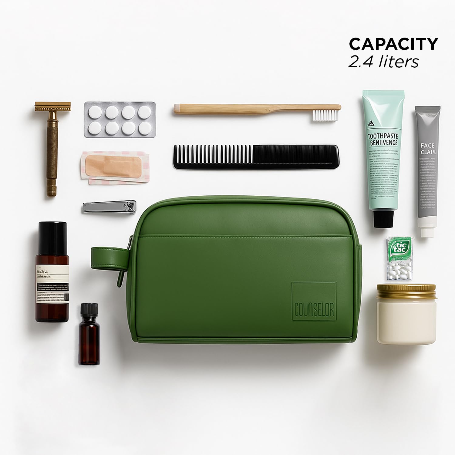 Green Swift Toiletry Kit with grooming essentials, showcasing efficient organization and eco-friendly design.