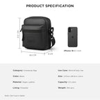 Black crossbody bag made of vegan leather with front zipper pocket and adjustable strap, featuring iPhone 16 for scale.
