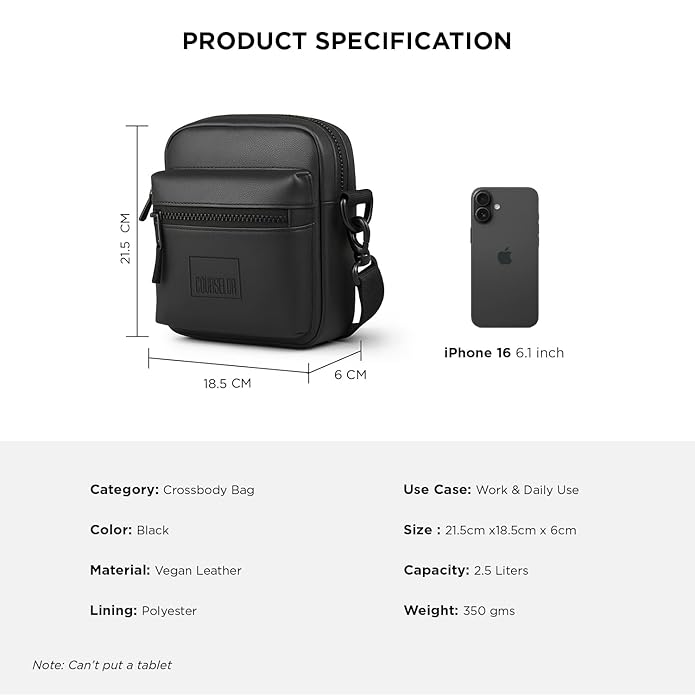Black crossbody bag made of vegan leather with front zipper pocket and adjustable strap, featuring iPhone 16 for scale.