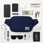 The Avelin navy waistpack with essentials: phone, wallet, keys, and more, showcasing its compact 1.7-liter capacity.
