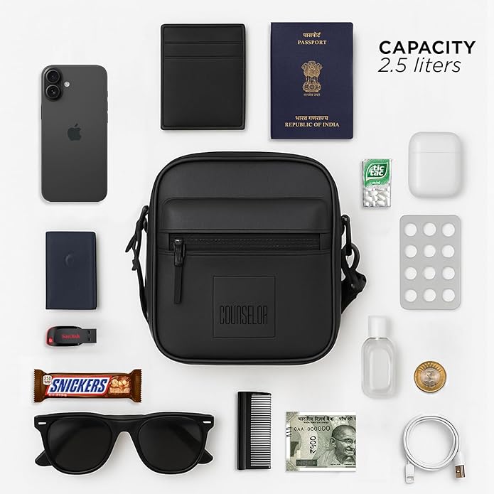 The Noma black bag surrounded by essential items: phone, wallet, passport, sunglasses, and more. Compact design with 2.5-liter capacity.