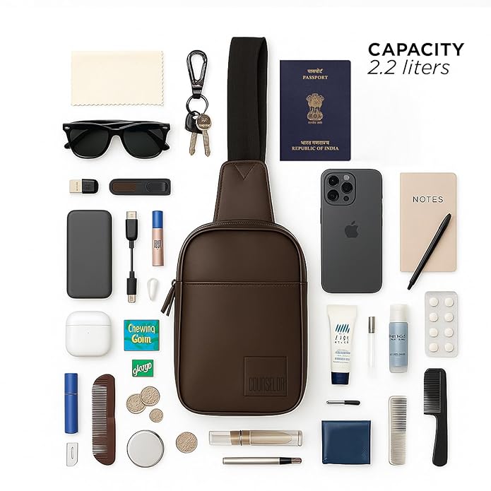The Kiro Brown Crossbody Bag showcasing its 2.2-liter capacity with various essential items arranged around it.