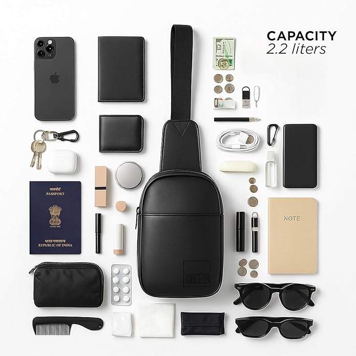 Flat lay of the Kiro Crossbody Bag with various personal items, showcasing its 2.2-liter capacity for efficient organization.