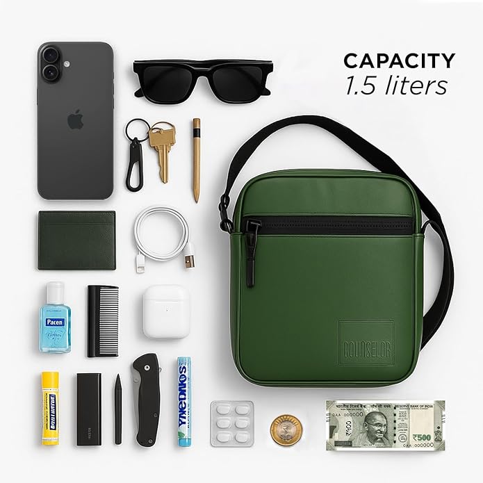 Stylish green bag with essentials: phone, keys, sunglasses, and toiletries, showcasing a 1.5-liter capacity and eco-friendly design.