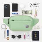 The Avelin waistpack in pista green with smartphone, wallet, and essentials on flat surface.