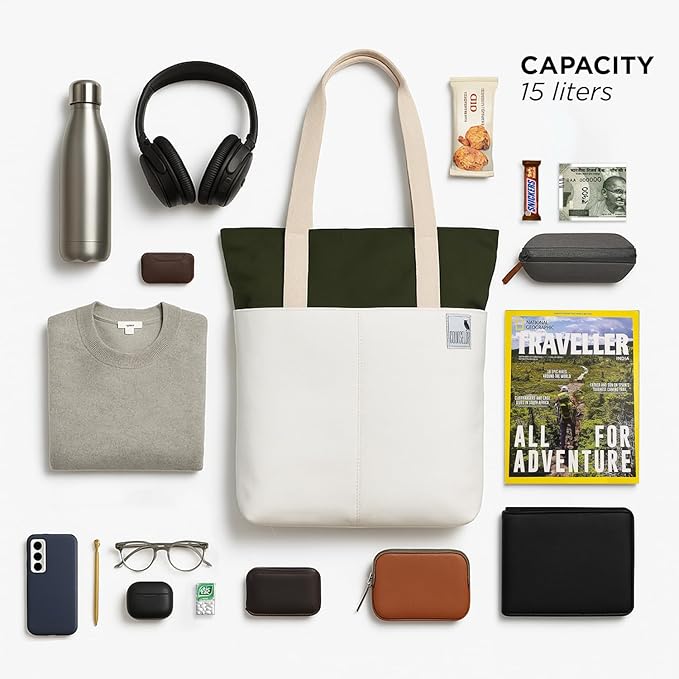 Skylin tote bag in offwhite and army green with everyday items showing spacious 15 liters capacity.