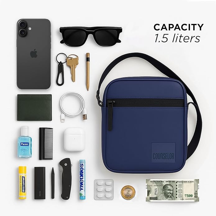Stylish navy bag featuring efficient organization with a 1.5-liter capacity, perfect for daily essentials.