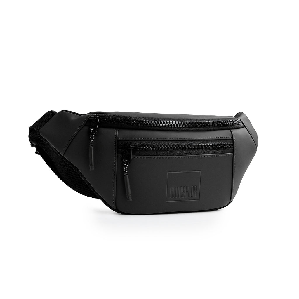 The Blaze black waist bag made from vegan leather, perfect for daily use and stylishly designed as a fanny pack.