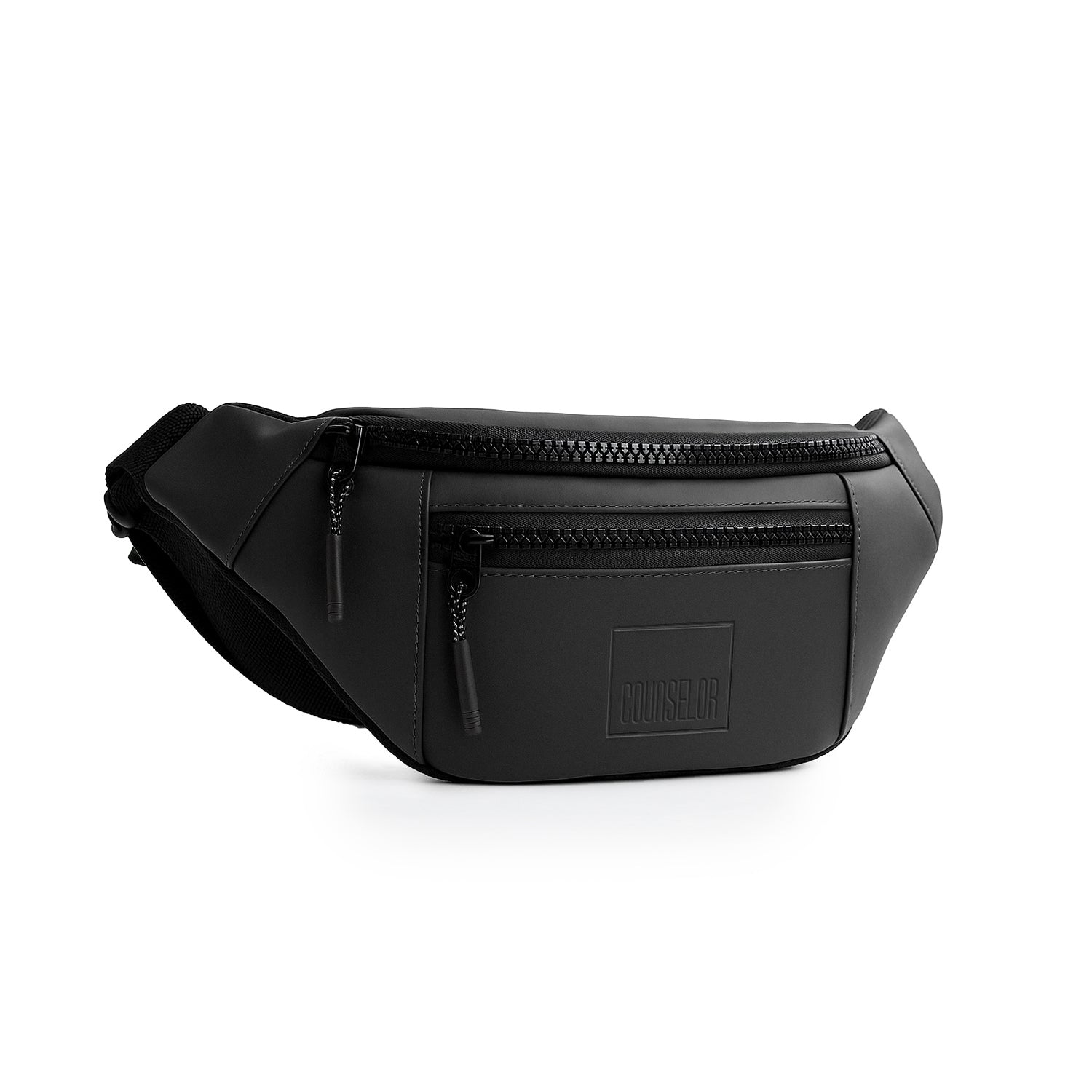 The Blaze black waist bag made from vegan leather, perfect for daily use and stylishly designed as a fanny pack.