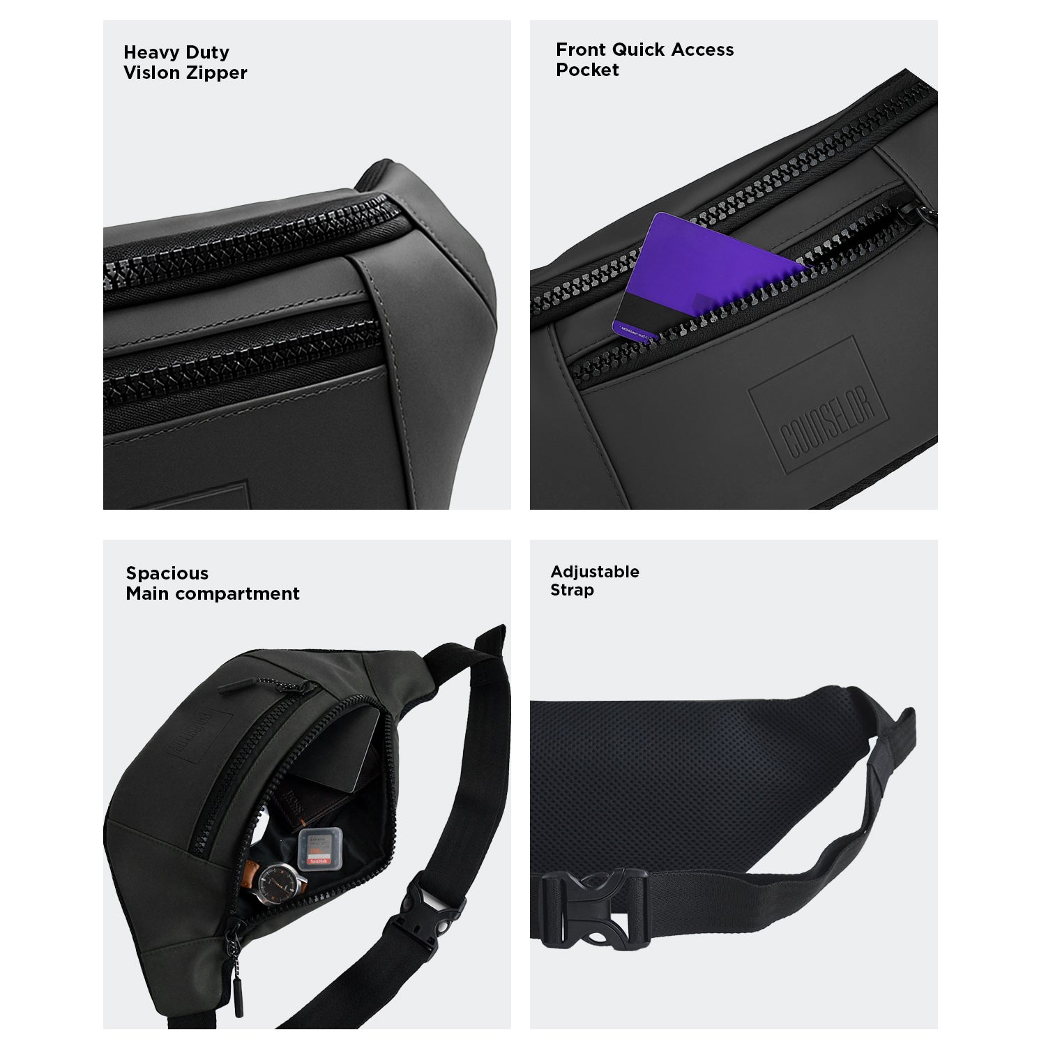 Four features of THE BLAZE black waist bag: heavy duty zipper, quick access pocket, spacious main compartment, adjustable strap.