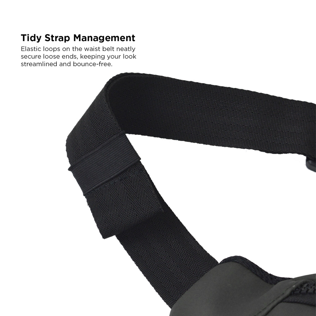 Close-up of Tidy Strap Management on an black vegan leather waist bag, showcasing elastic loops for a streamlined look.