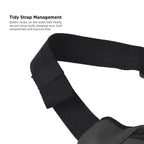 Close-up of Tidy Strap Management on an black vegan leather waist bag, showcasing elastic loops for a streamlined look.