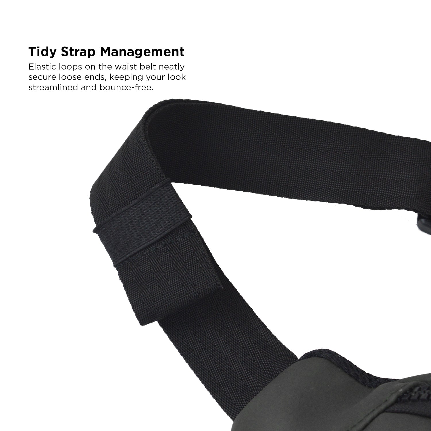 Close-up of Tidy Strap Management on an black vegan leather waist bag, showcasing elastic loops for a streamlined look.