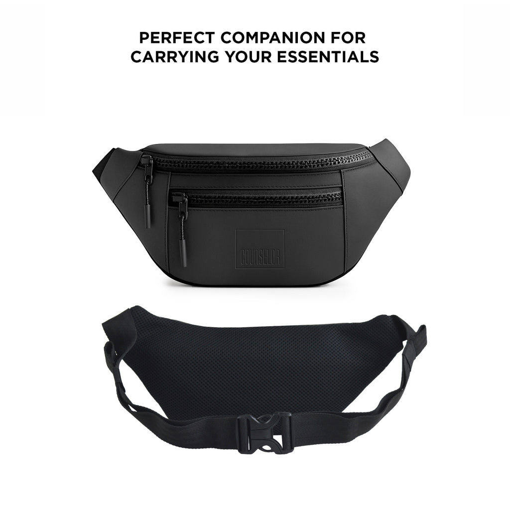 The Blaze waist bag in black color, made of vegan leather, ideal fanny pack for daily use and carrying essentials.