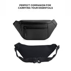 The Blaze waist bag in black color, made of vegan leather, ideal fanny pack for daily use and carrying essentials.