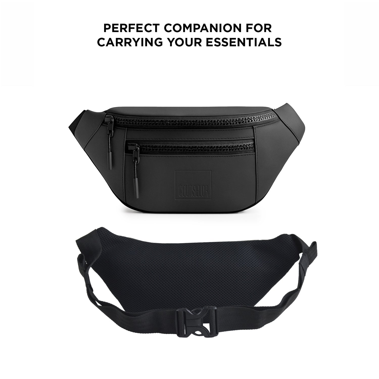The Blaze waist bag in black color, made of vegan leather, ideal fanny pack for daily use and carrying essentials.